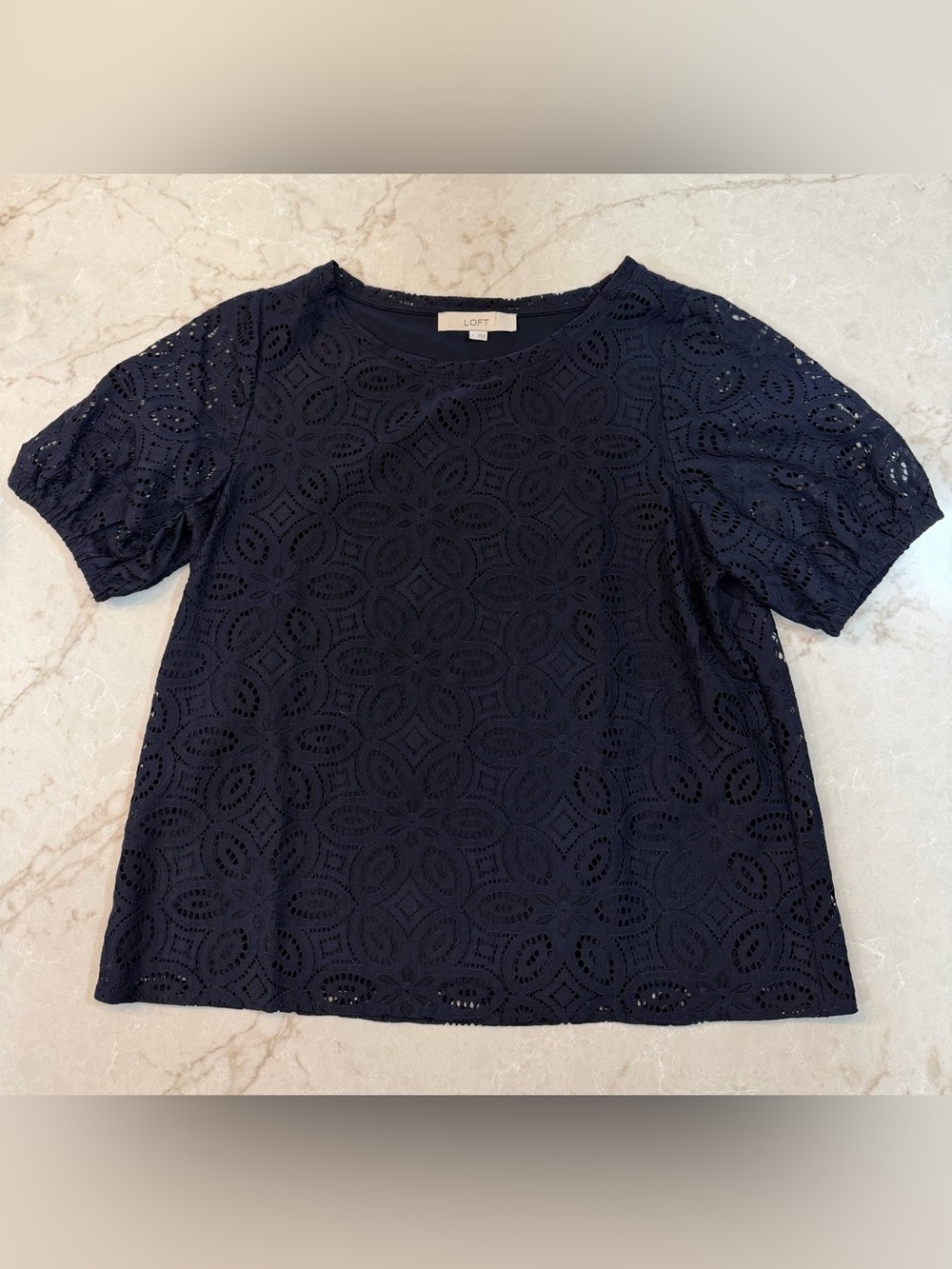 LOFT Navy Eyelet Short Sleeve Blouse